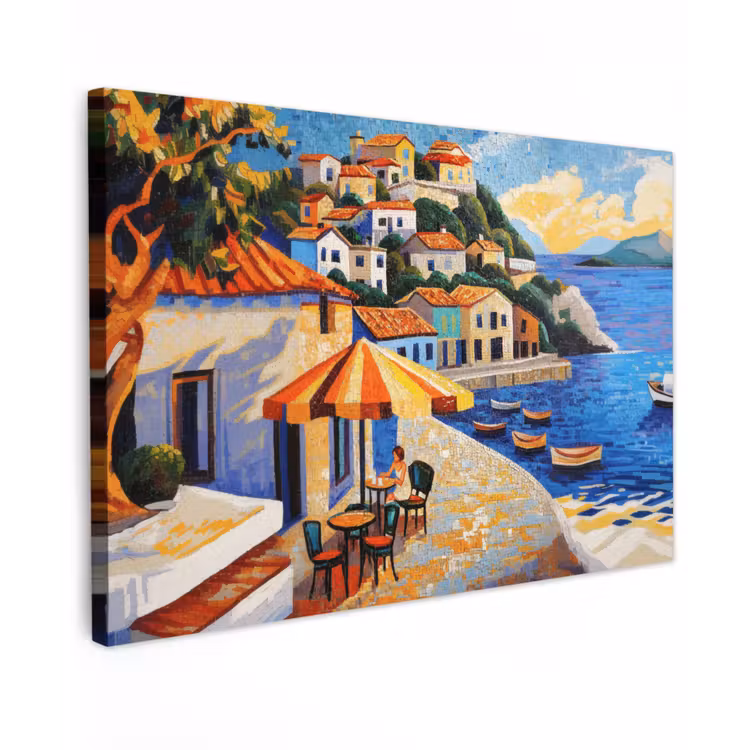 Canvas schilderij - Kustdorp - Huisjes - Mozaïek - Zee — 1