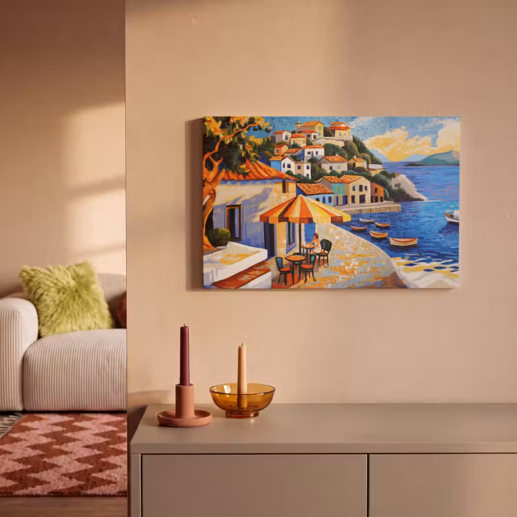 Canvas schilderij - Kustdorp - Huisjes - Mozaïek - Zee — 2