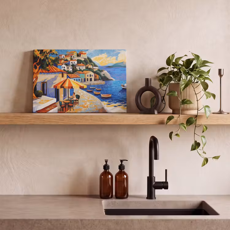 Canvas schilderij - Kustdorp - Huisjes - Mozaïek - Zee — 3