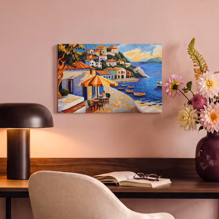Canvas schilderij - Kustdorp - Huisjes - Mozaïek - Zee — 4