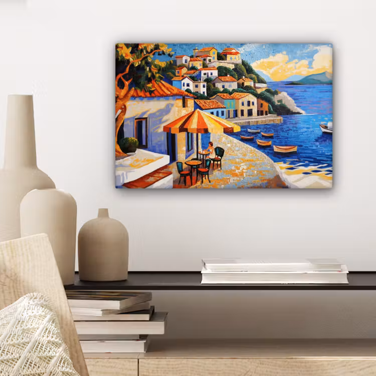 Canvas schilderij - Kustdorp - Huisjes - Mozaïek - Zee — 5
