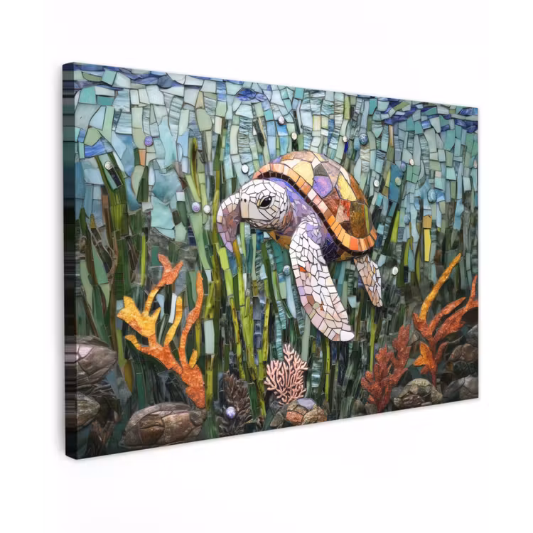 Canvas schilderij - Schildpad - Zeewier - Mozaïek — 1