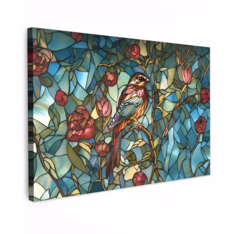Canvas schilderij - Vogel - Tak - Rozen - Mozaïek — 1