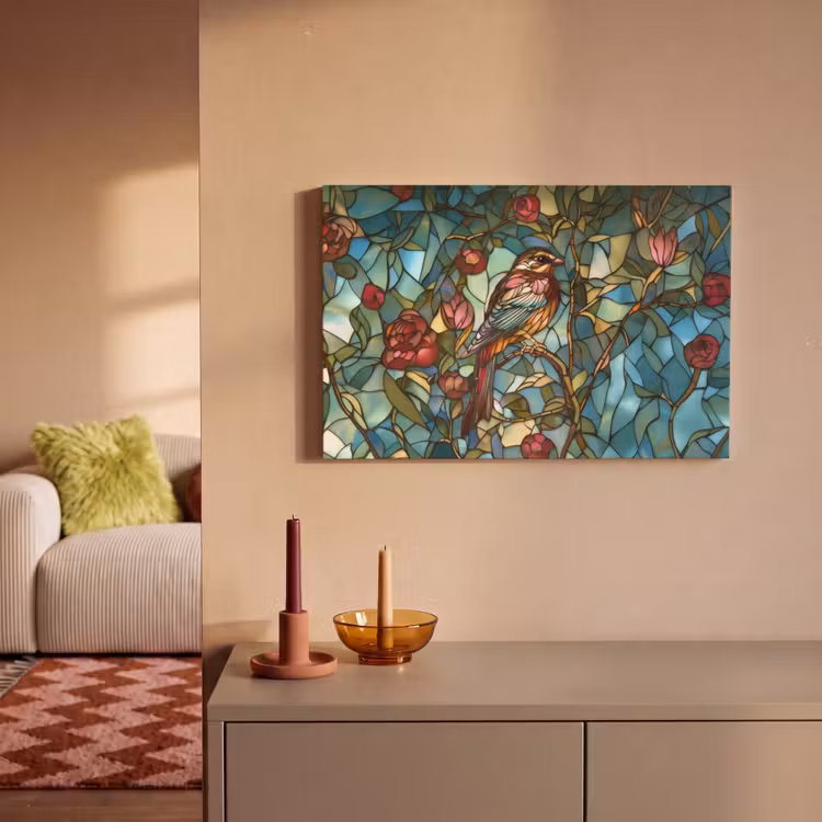 Canvas schilderij - Vogel - Tak - Rozen - Mozaïek — 2
