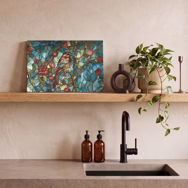 Canvas schilderij - Vogel - Tak - Rozen - Mozaïek — 3