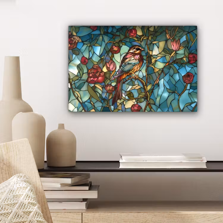 Canvas schilderij - Vogel - Tak - Rozen - Mozaïek — 5