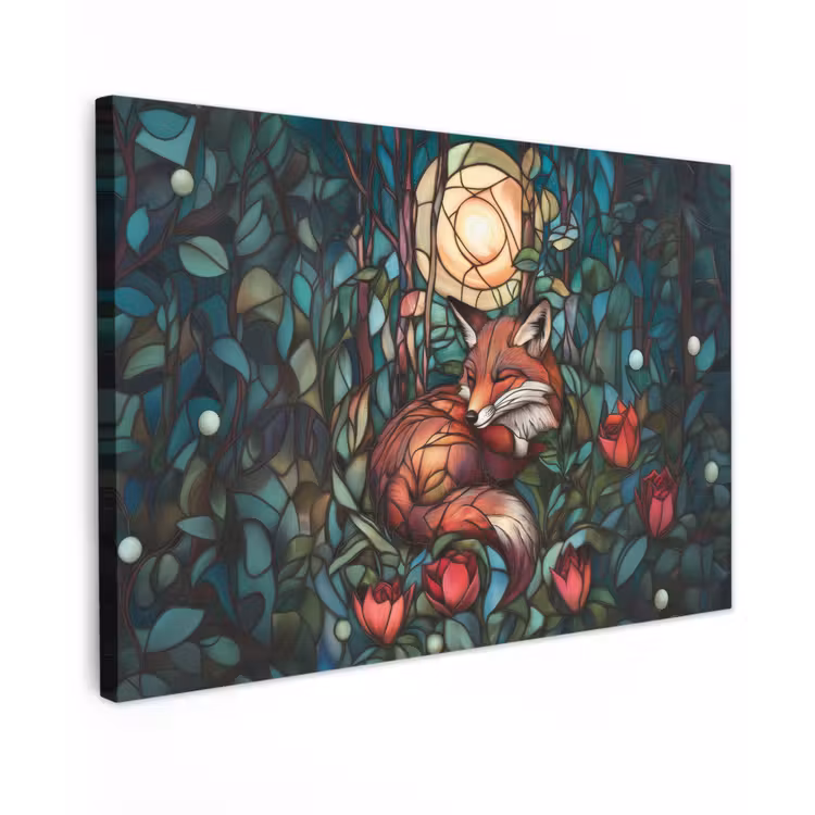 Canvas schilderij - Vos - Mozaïek - Bos - Maan — 1