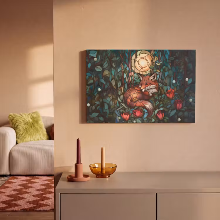 Canvas schilderij - Vos - Mozaïek - Bos - Maan — 2
