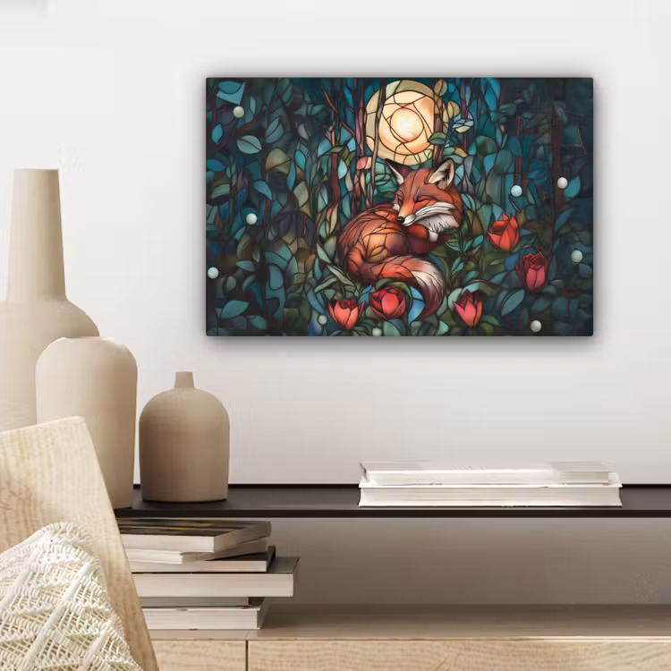 Canvas schilderij - Vos - Mozaïek - Bos - Maan — 5