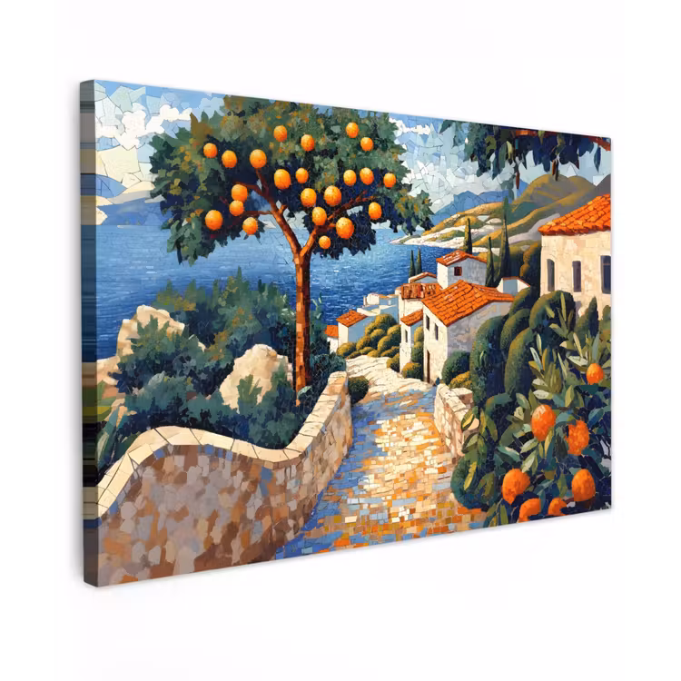Canvas schilderij - Huizen - Mozaïek - Sinaasappelbomen - Zee — 1
