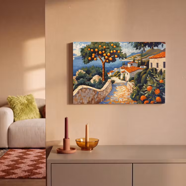 Canvas schilderij - Huizen - Mozaïek - Sinaasappelbomen - Zee — 2
