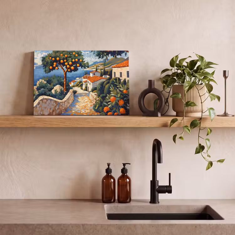 Canvas schilderij - Huizen - Mozaïek - Sinaasappelbomen - Zee — 3