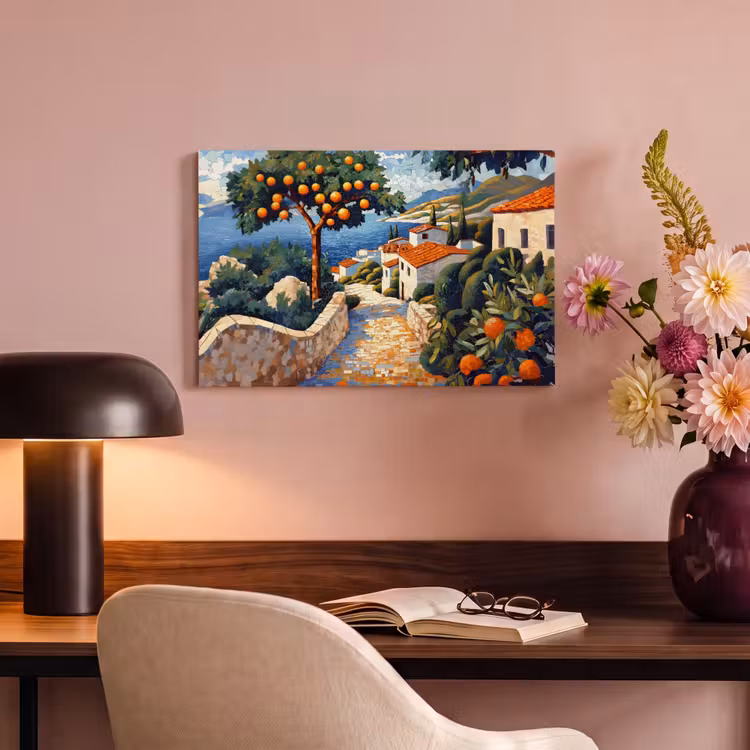 Canvas schilderij - Huizen - Mozaïek - Sinaasappelbomen - Zee — 4
