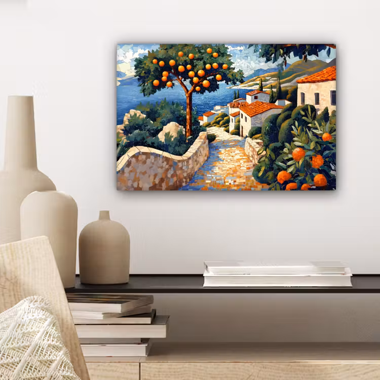 Canvas schilderij - Huizen - Mozaïek - Sinaasappelbomen - Zee — 5