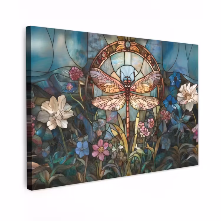 Canvas schilderij - Libelle - Mozaïek - Bloemen - Kleurrijk — 1
