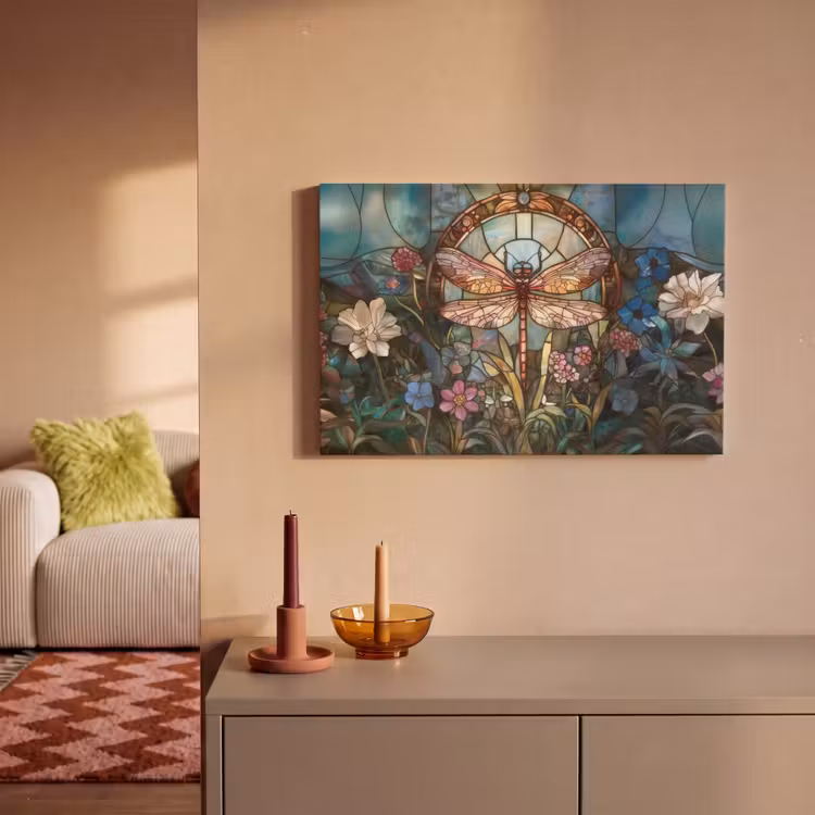 Canvas schilderij - Libelle - Mozaïek - Bloemen - Kleurrijk — 2