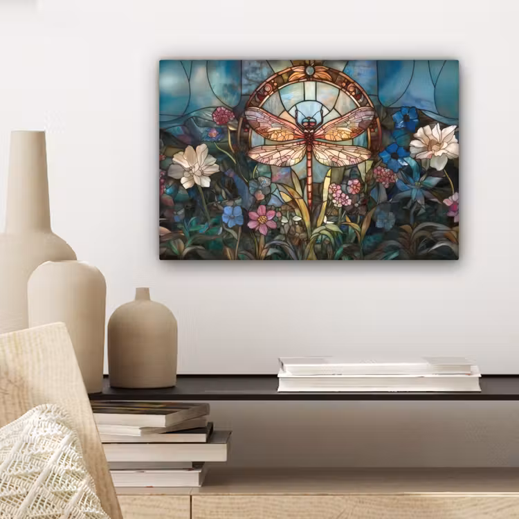 Canvas schilderij - Libelle - Mozaïek - Bloemen - Kleurrijk — 5