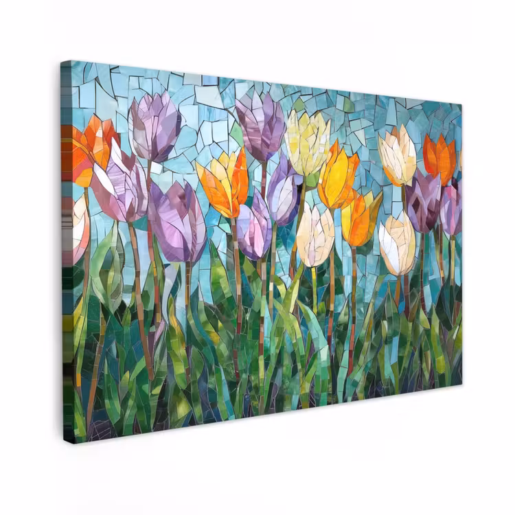 Canvas schilderij - Mozaïek - Veld - Tulpen - Kleurrijk — 1