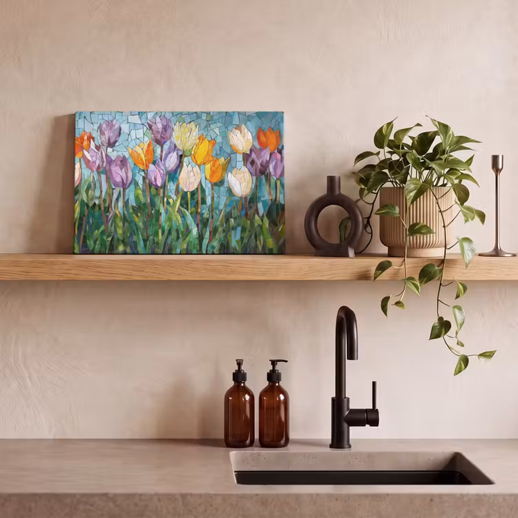 Canvas schilderij - Mozaïek - Veld - Tulpen - Kleurrijk — 3