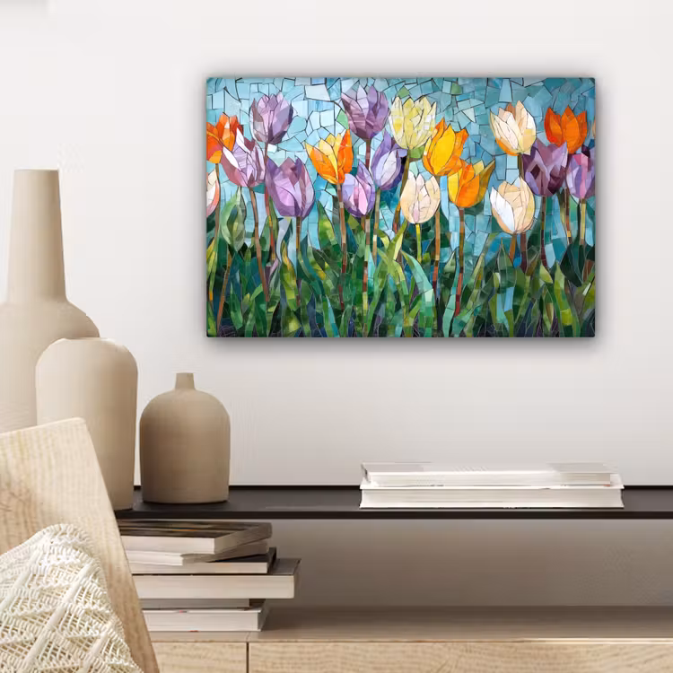Canvas schilderij - Mozaïek - Veld - Tulpen - Kleurrijk — 5