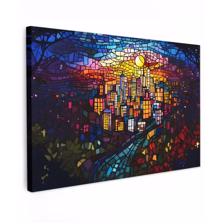 Canvas schilderij - Stad - Maan - Mozaïek - Kleurrijk — 1