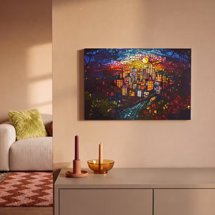 Canvas schilderij - Stad - Maan - Mozaïek - Kleurrijk — 2
