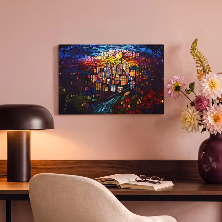 Canvas schilderij - Stad - Maan - Mozaïek - Kleurrijk — 4