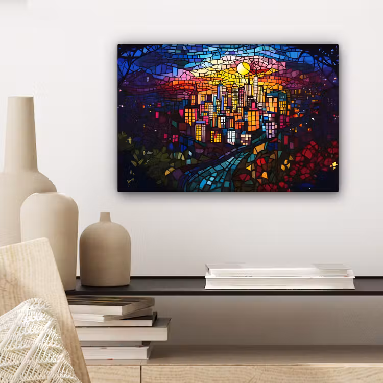Canvas schilderij - Stad - Maan - Mozaïek - Kleurrijk — 5