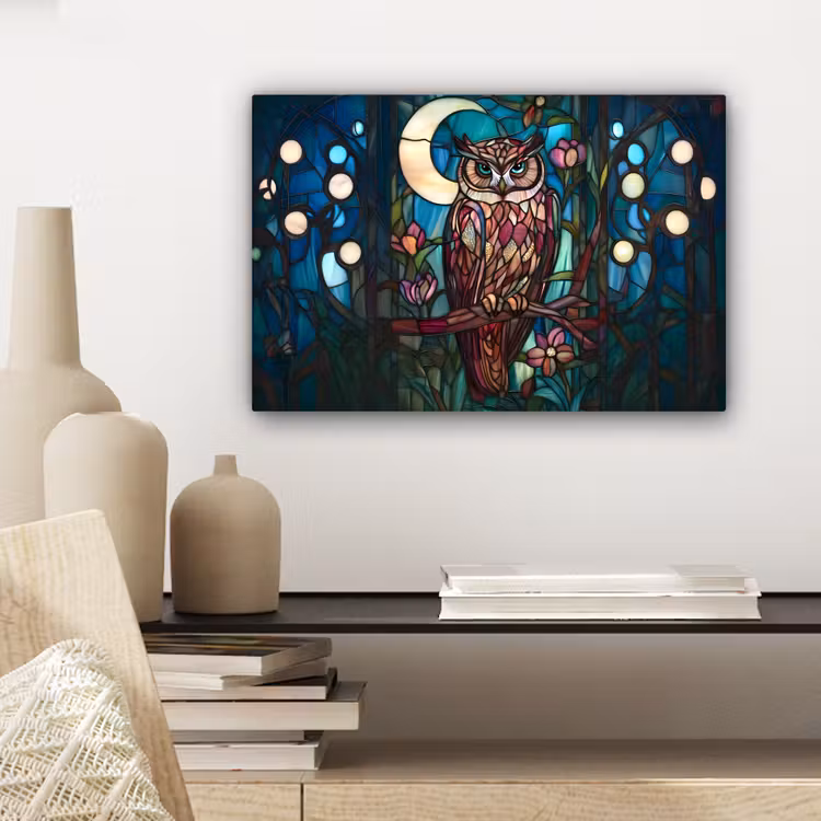 Canvas schilderij - Uil - Mozaïek - Maan - Nacht — 5