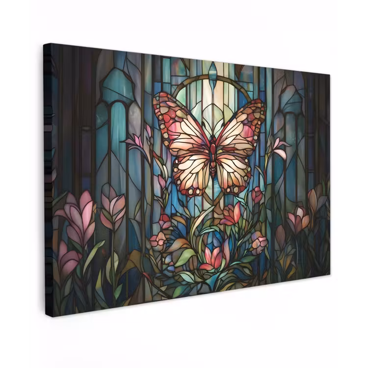 Canvas schilderij - Vlinder - Roze - Bloemen - Bladeren — 1