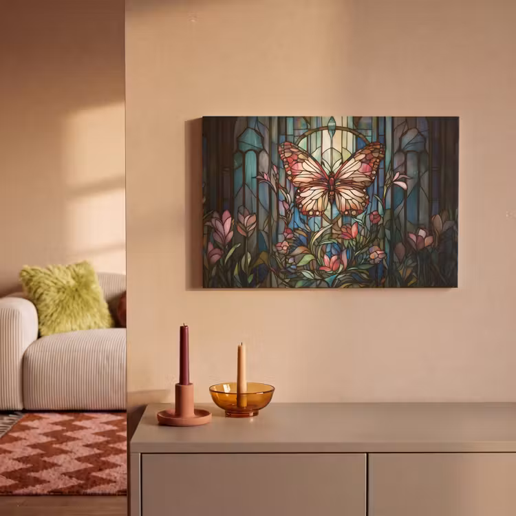 Canvas schilderij - Vlinder - Roze - Bloemen - Bladeren — 2