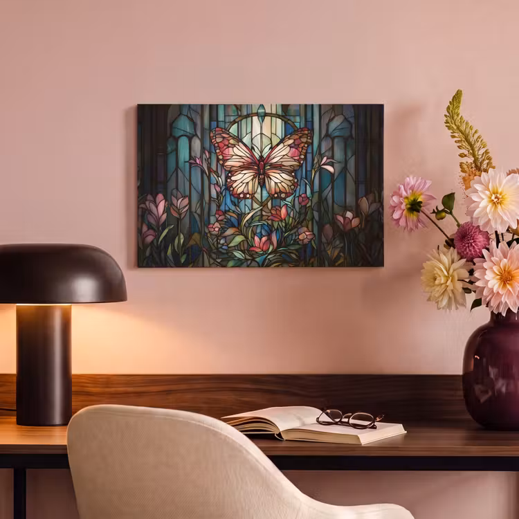 Canvas schilderij - Vlinder - Roze - Bloemen - Bladeren — 4