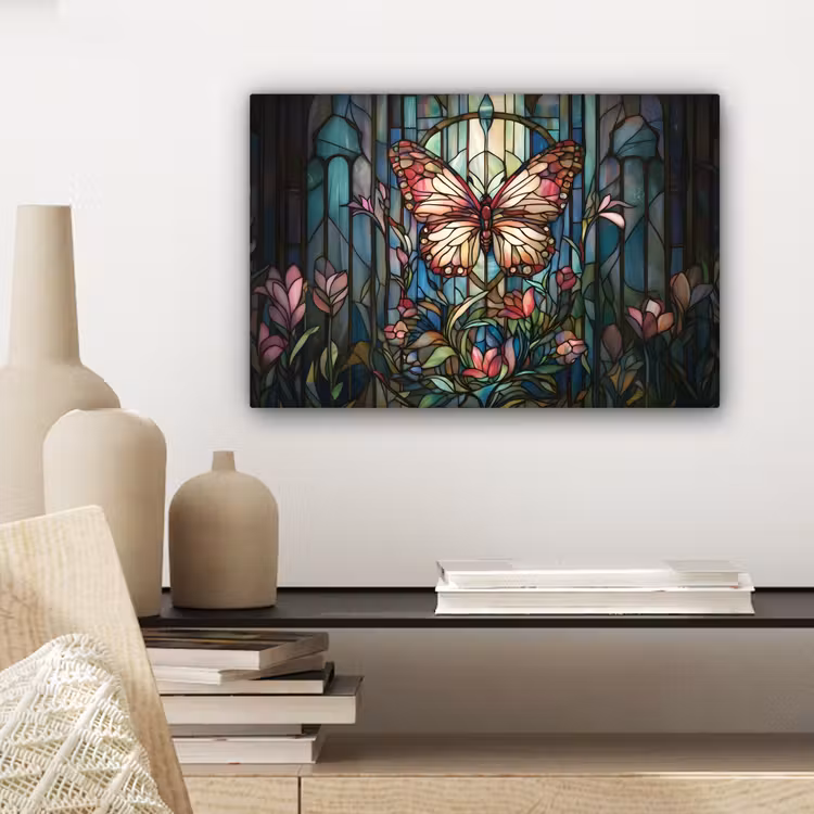 Canvas schilderij - Vlinder - Roze - Bloemen - Bladeren — 5