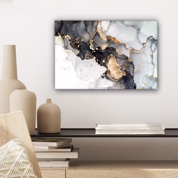 Canvas schilderij - Marmer - Zwart - Wit - Goud - Luxe - Abstract — 5
