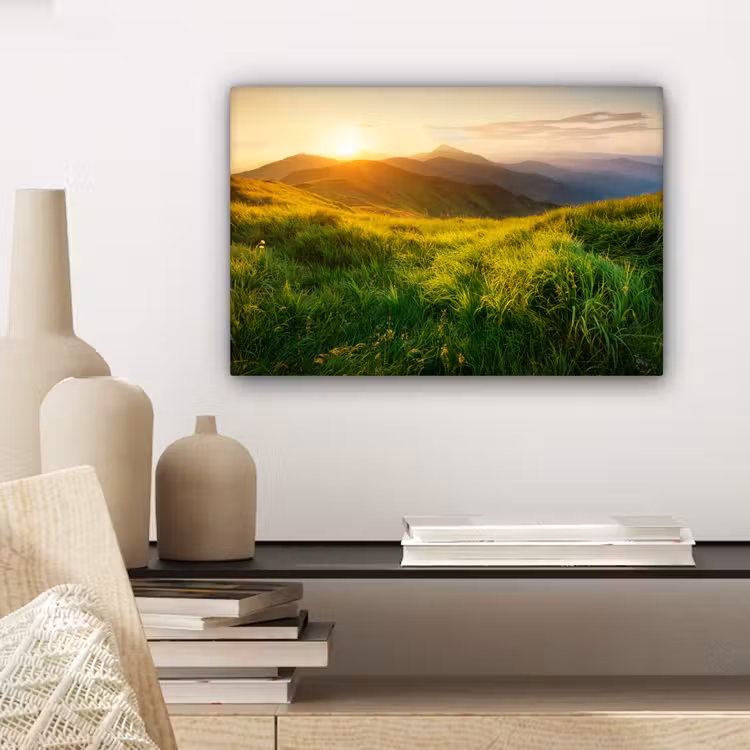 Canvas schilderij - Gras - Heuvels - Zon - Natuur - Landschap — 5