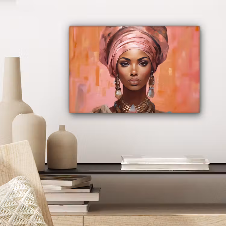Canvas schilderij - Kunst - Vrouw - Roze - Sieraden - Portret — 5