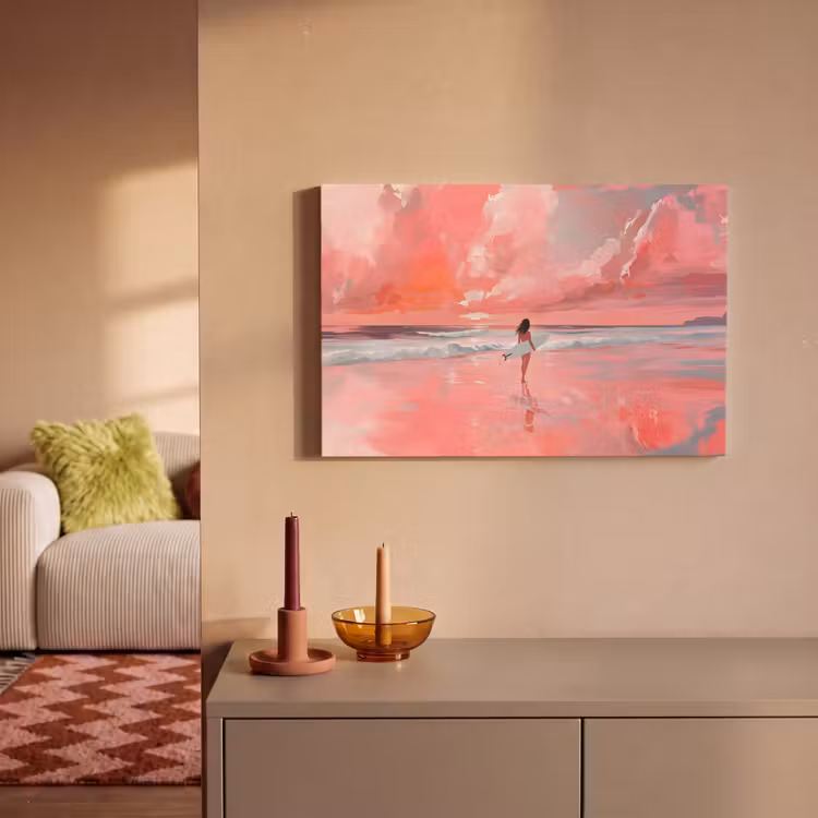 Canvas schilderij - Roze - Surfen - Zee — 2