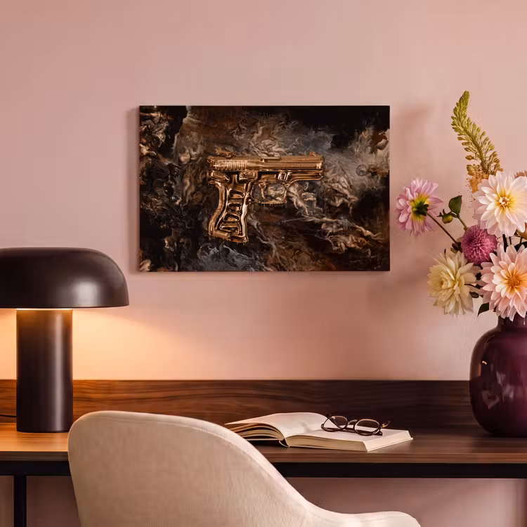 Canvas schilderij - Pistool - Goud - Rook — 4