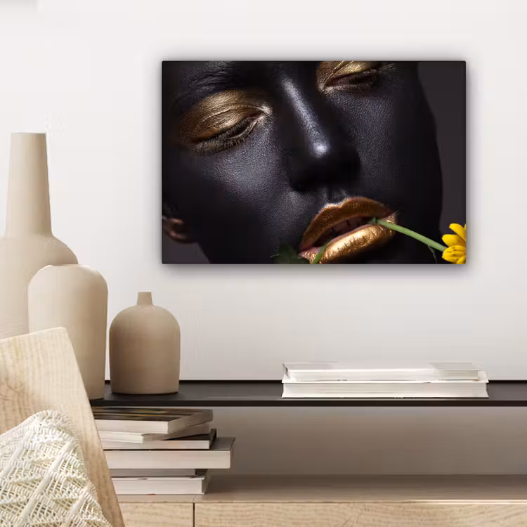 Canvas schilderij - Vrouw - Bloemen - Goud - Zwart — 5