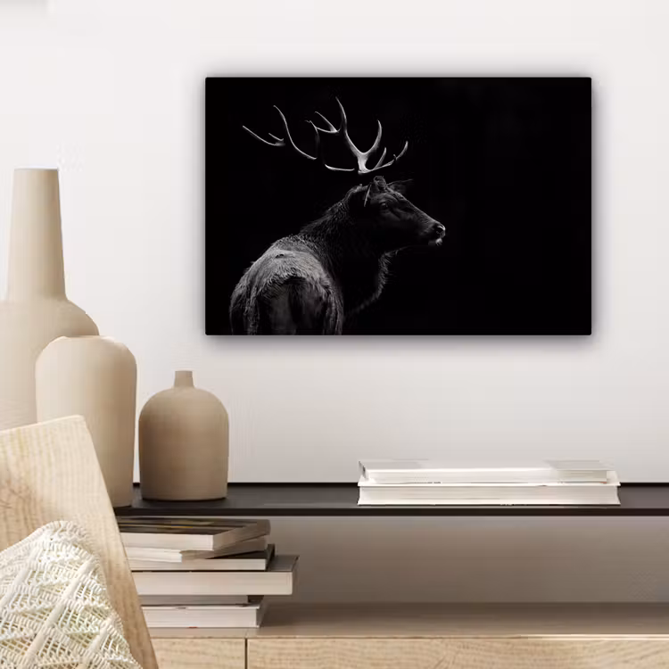Canvas schilderij - Hert - Zwart - Wit - Gewei — 5