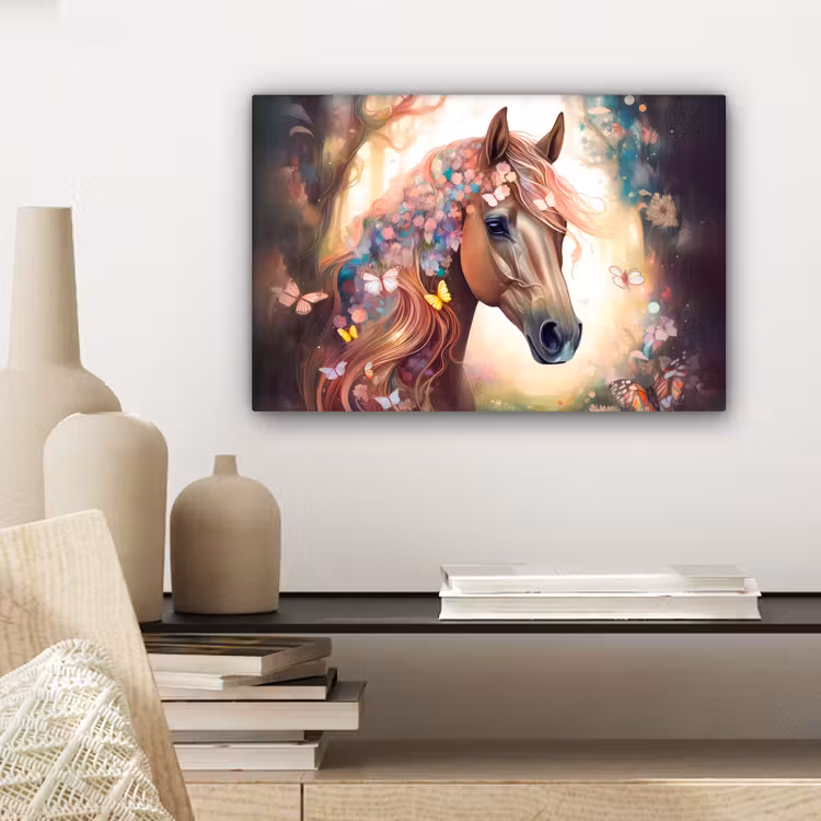 Canvas schilderij - Paard - Natuur - Bloemen - Vlinders - Bos — 5