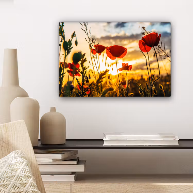 Canvas schilderij - Rode papavers bij een zonsopkomst — 5