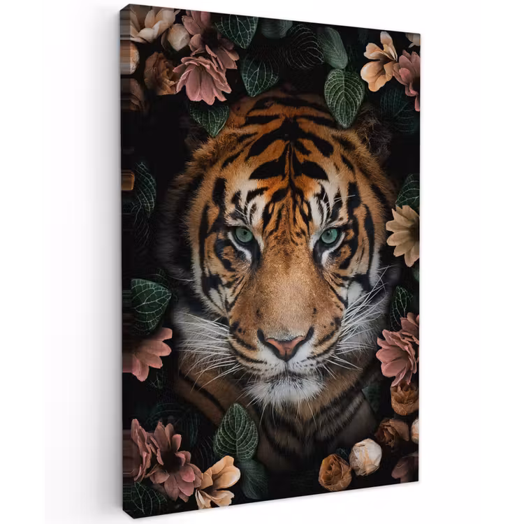 Canvas schilderij - Tijger - Bloemen - Bladeren — 1