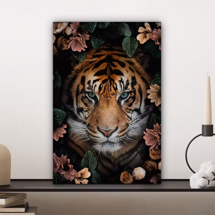 Canvas schilderij - Tijger - Bloemen - Bladeren — 5