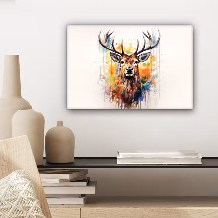 Canvas schilderij - Hert - Ree - Gewei - Kunst - Verf - Dier - Kleurrijk — 5