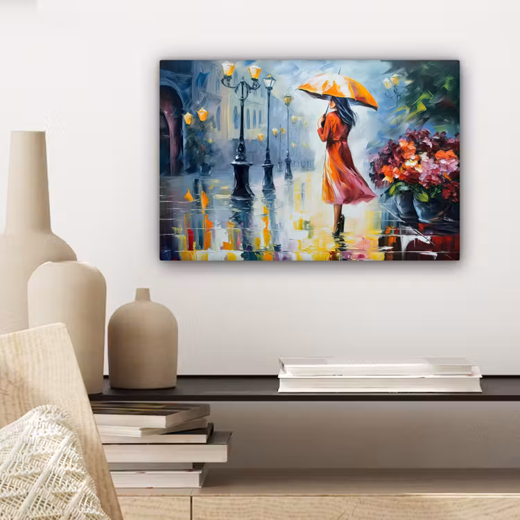 Canvas schilderij - Olieverf - Paraplu - Vrouw - Straat - Kunst — 5