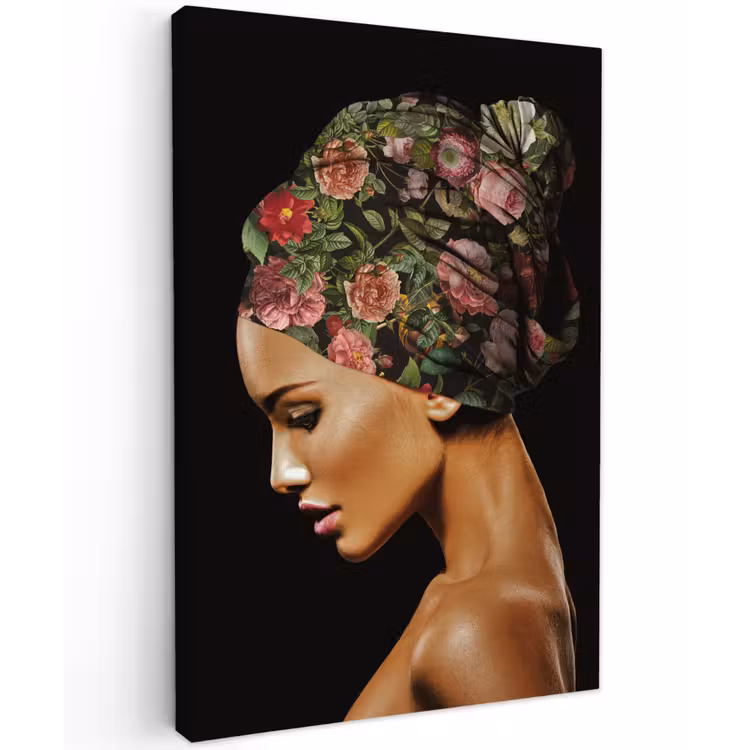 Canvas schilderij - Vrouw - Hoofddoek - Bloemen — 1
