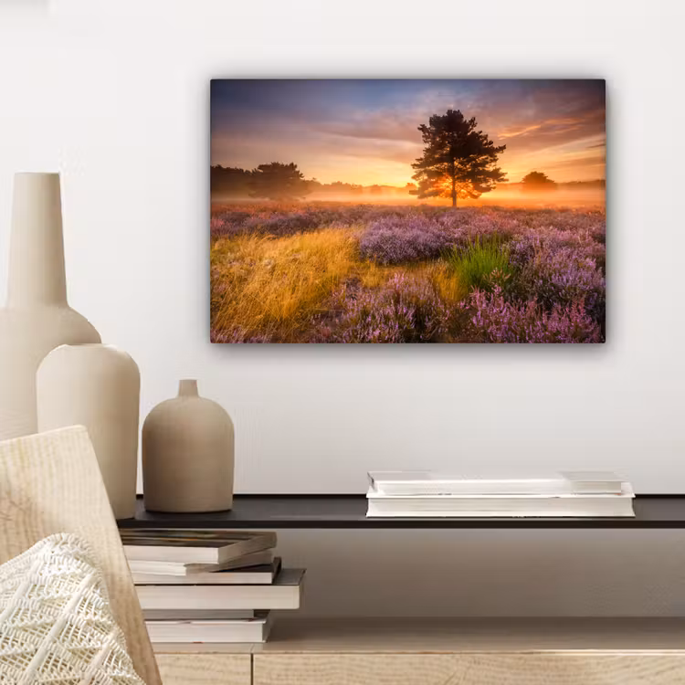 Canvas schilderij - Heidelandschap met een boom — 5
