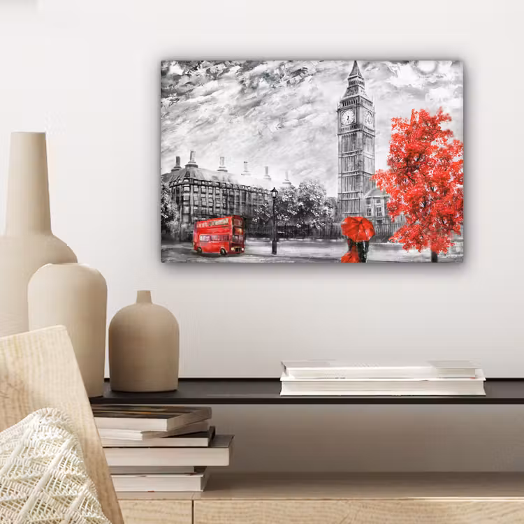 Canvas schilderij - Schilderij - Big Ben - Rood - Paraplu — 5