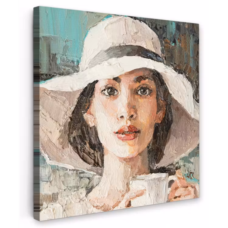 Canvas schilderij - Schilderij - Olieverf - Vrouw - Koffie - Hoed — 1